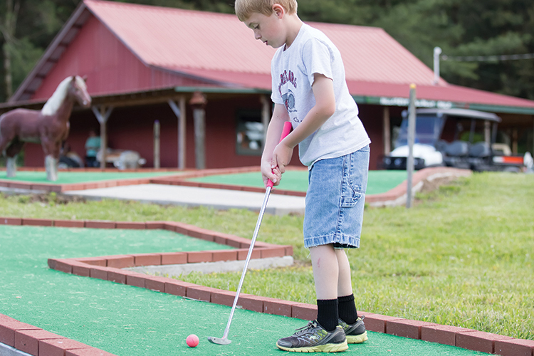 Children play miniature golf on the Hillcrest Hillbilly Golf course at Hillcrest Orchards in Ellijay, Georgia.