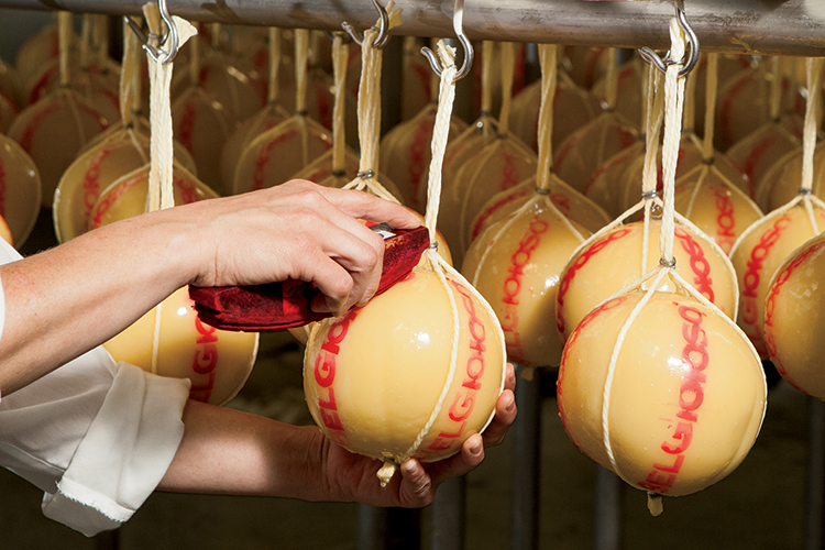 Provolone cheese is hand waxed and stamped at the Belgioioso factory in Green Bay, Wisconsin, Brown County.