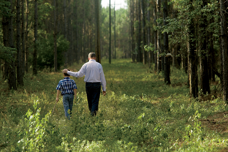 Darren Jackson walks with his son, Bishop, alongside a stand of timber on the family farm.