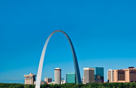 St. Louis skyline, arch, river, and boat