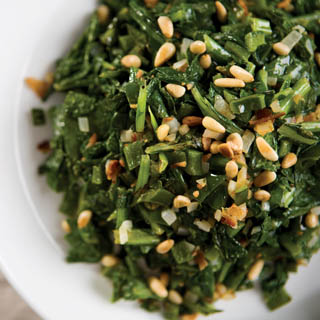 Spring Turnip Greens with Pine Nuts and Spicy Peppers recipe