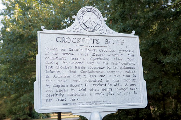 A sign for Crockett's Bluff at Noble Farms near De Witt, Arkansas. Noble Farms is allegedly the stat's first rice farm.