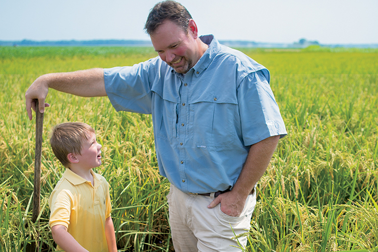 Andy Noble and his son, Jack, 6, fix the levee gates in a rice field at Noble Farms near De Witt, Arkansas. Noble Farms is allegedly the stat's first rice farm.