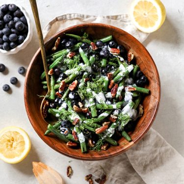 Charred Green Beans with Blueberries, Pecans and Buttermilk Dressing
