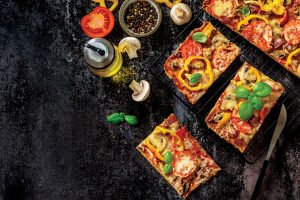 Detroit-style pizza and ingredients