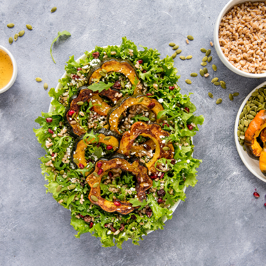 Roasted Acorn Squash Salad with Farro, Pepitas and Dried Cranberries