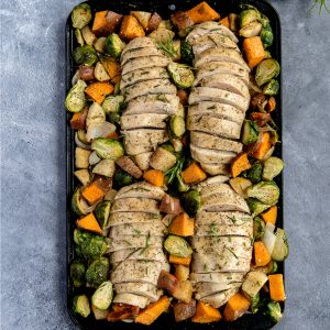 Sheet Pan Rosemary Chicken with Brussels Sprouts and Apples
