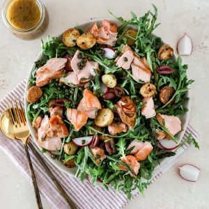 Grilled Salmon, Arugula, and Potato Salad with Olive Vinaigrette