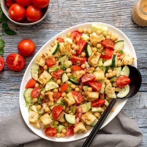 Chickpea and Tomato Salad with Garlic Dressing and Sourdough Croutons