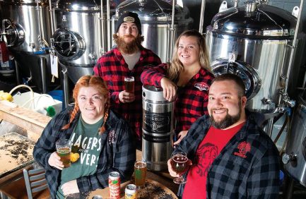 Kings Bluff Brewery in Clarksville crafts hyper-local products with the help of a knowledgeable team including (from left to right) head brewer Jessica Atkinson, Zach Daneker, Ashley Hunt and co-founder Dustyn Brewer.