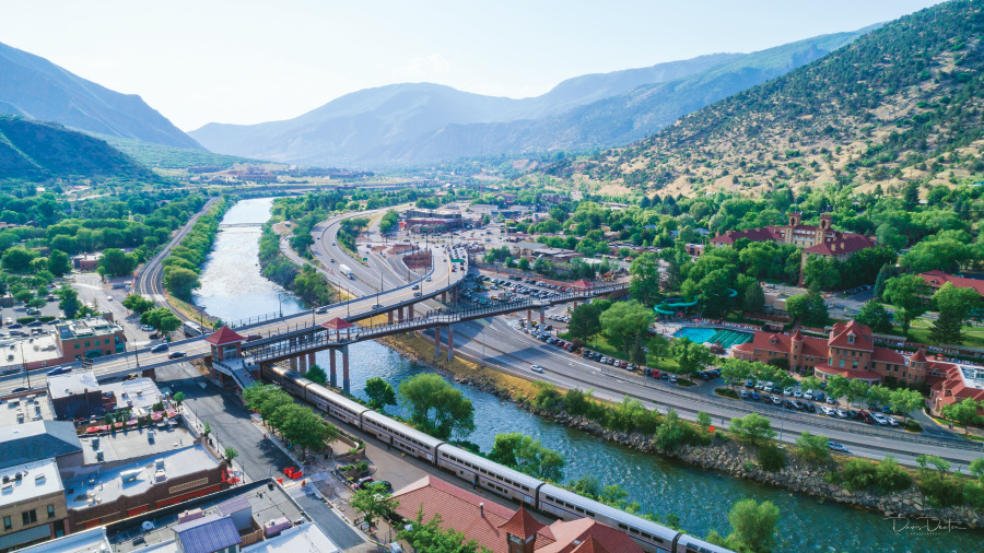 Aerial view of the Town of Glenwood Springs, Colorado in the Roaring Fork Valley.