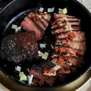 Cocoa-Rubbed Strip Steak with Bacon-Bourbon Gravy