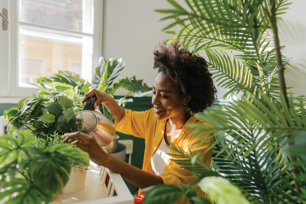Photo of a young woman, taking care of houseplants