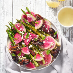 Charred Asparagus, Radishes and Dates with Goat Cheese