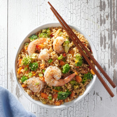 Seasonal Veggie Fried Rice with Grilled Shrimp
