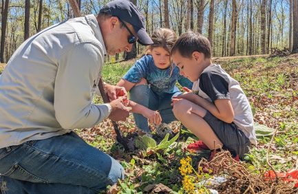 Jack Barrett shares the tradition of forest care by teaching his stepdaughter, Lylah Rhodes, and nephew, Lochlan Alley, how to plant saplings on their family farm. tree farming