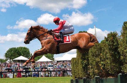 A horse jumping over an obstacle during a steeplechase race