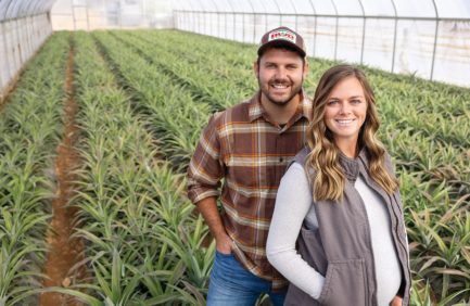 Zach and Kyndle Erhard stand in a greenhouse surrounded by young pineapple plants at Oak Grove Farms in Gallatin, Tennessee. Experimental ag