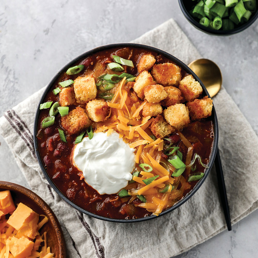 Pulled Pork Chili with Cornbread Croutons