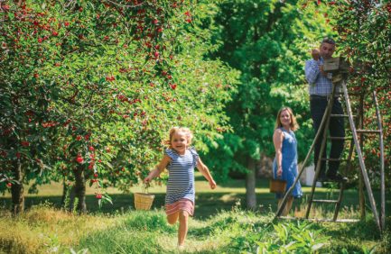 Child running through an orchard, with a woman and another person picking fruit in the background on a sunny day.