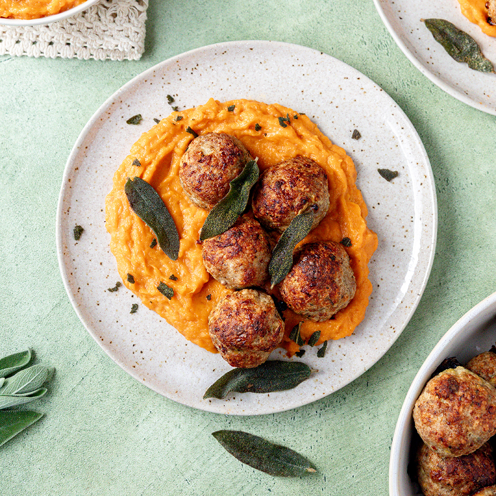 Turkey, Apple and Sage Meatballs Over Mashed Sweet Potatoes