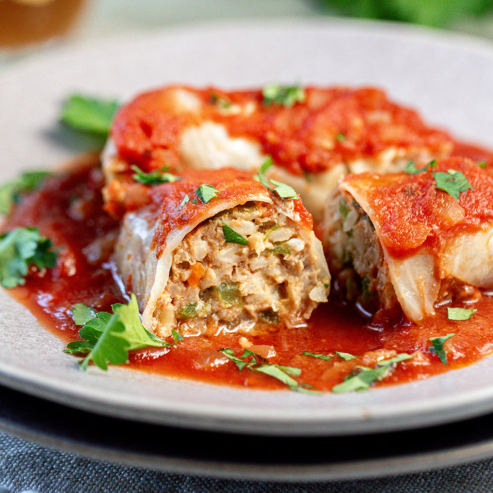 Spicy Sausage and Red Pepper Stuffed Cabbage Leaves