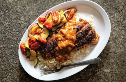 Blackened Wild Caught Texas Drum w/etoufee and a side of rice and a veggie of the day.